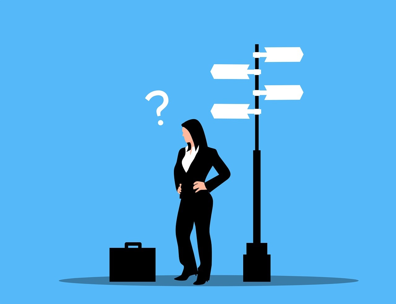 Illustration of a business woman standing at a crossroads