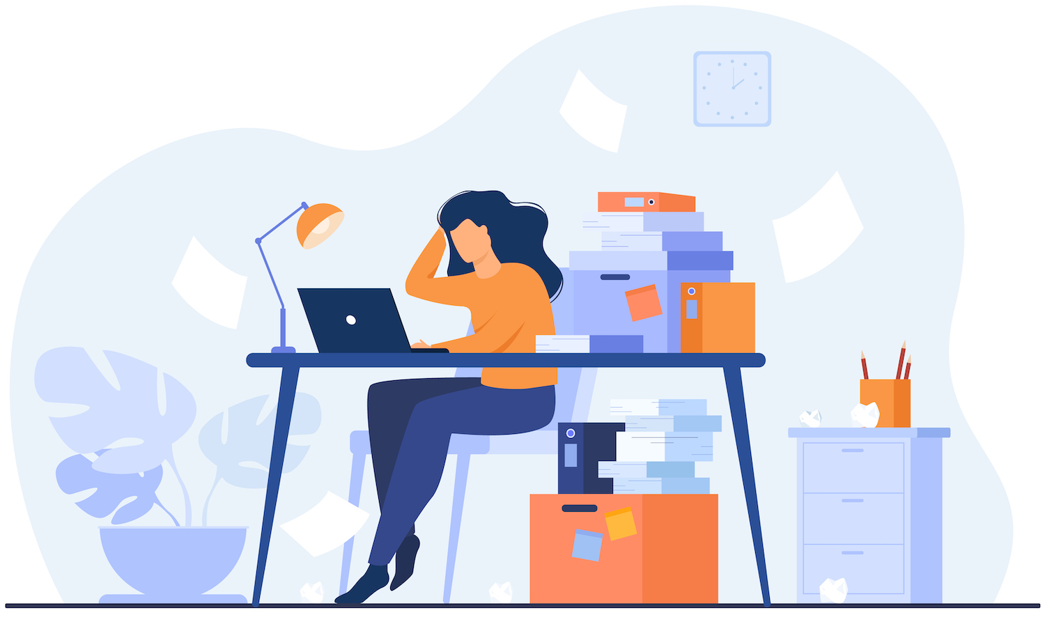 Illustration of woman working at laptop with piles of paper and files, and papers blowing about. Woman is holding hand to head, representing burnout. Designed by pch.vector / Freepik