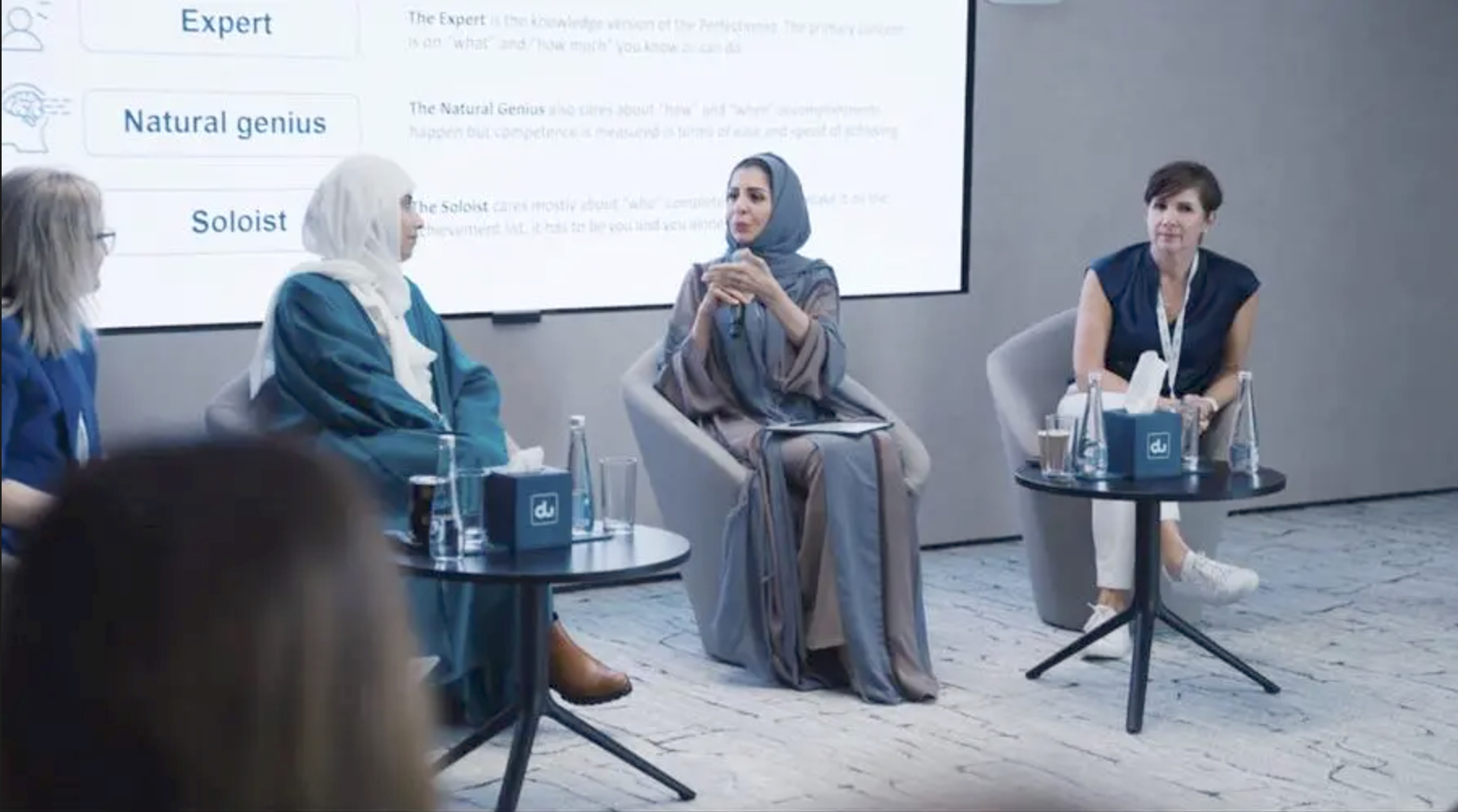 Du's ICT workshop with Aurora50, 22 March 2023: Diana Wilde, Co-Founder Aurora50; Dr. Hoda Alkhzaimi, Co-Chair, Global Future Council for Cybersecurity, World Economic Forum; Hanan Ahmed, Chief Regulatory Affairs and Risk Officer, du; and Fiona Fox, Finance Director MEA, Microsoft