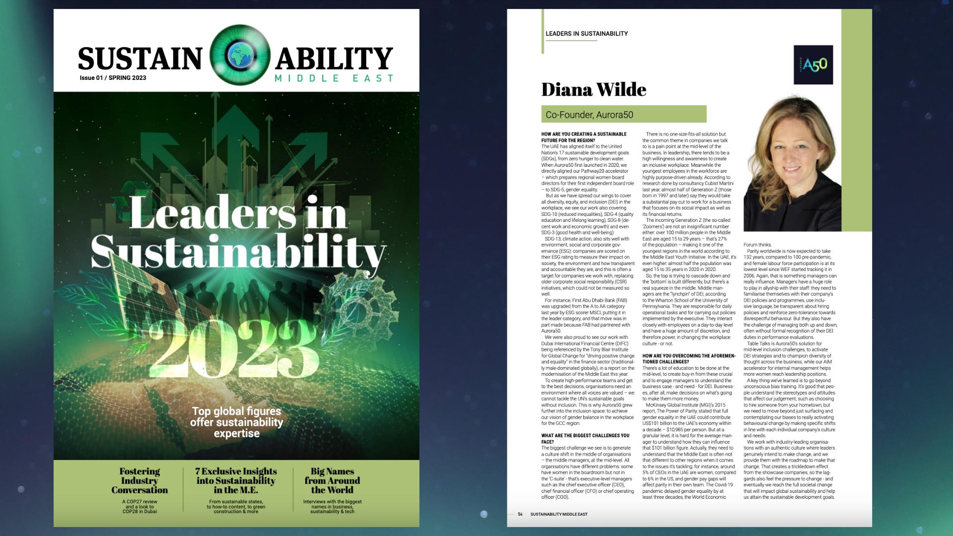 Aurora50 in the media - Sustainability Middle East magazine launch issue screenshots, interview with Diana Wilde