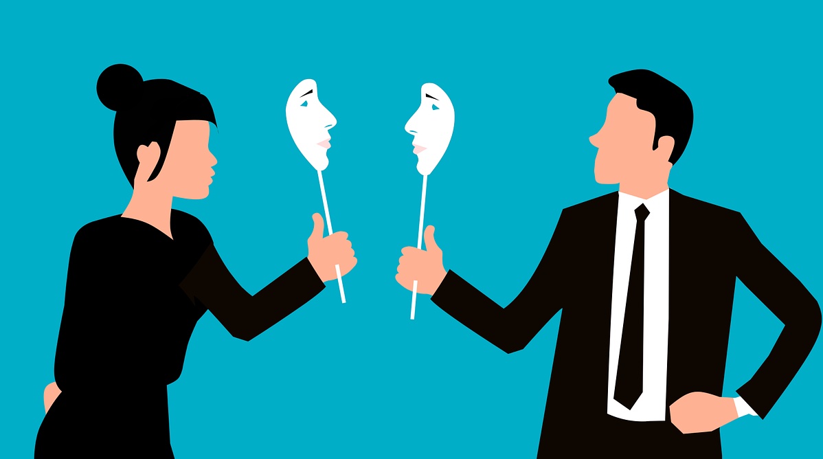 Illustration of businessman and businesswoman each holding a mask on a stick. Picture courtesy of Mohamed Hassan, Pixabay|Hilary Rowe, Aurora50 coaching partner|Hilary Rowe, Aurora50 coaching partner, in a Pathway20 workshop|Michelle Obama quote on imposter syndrome: 