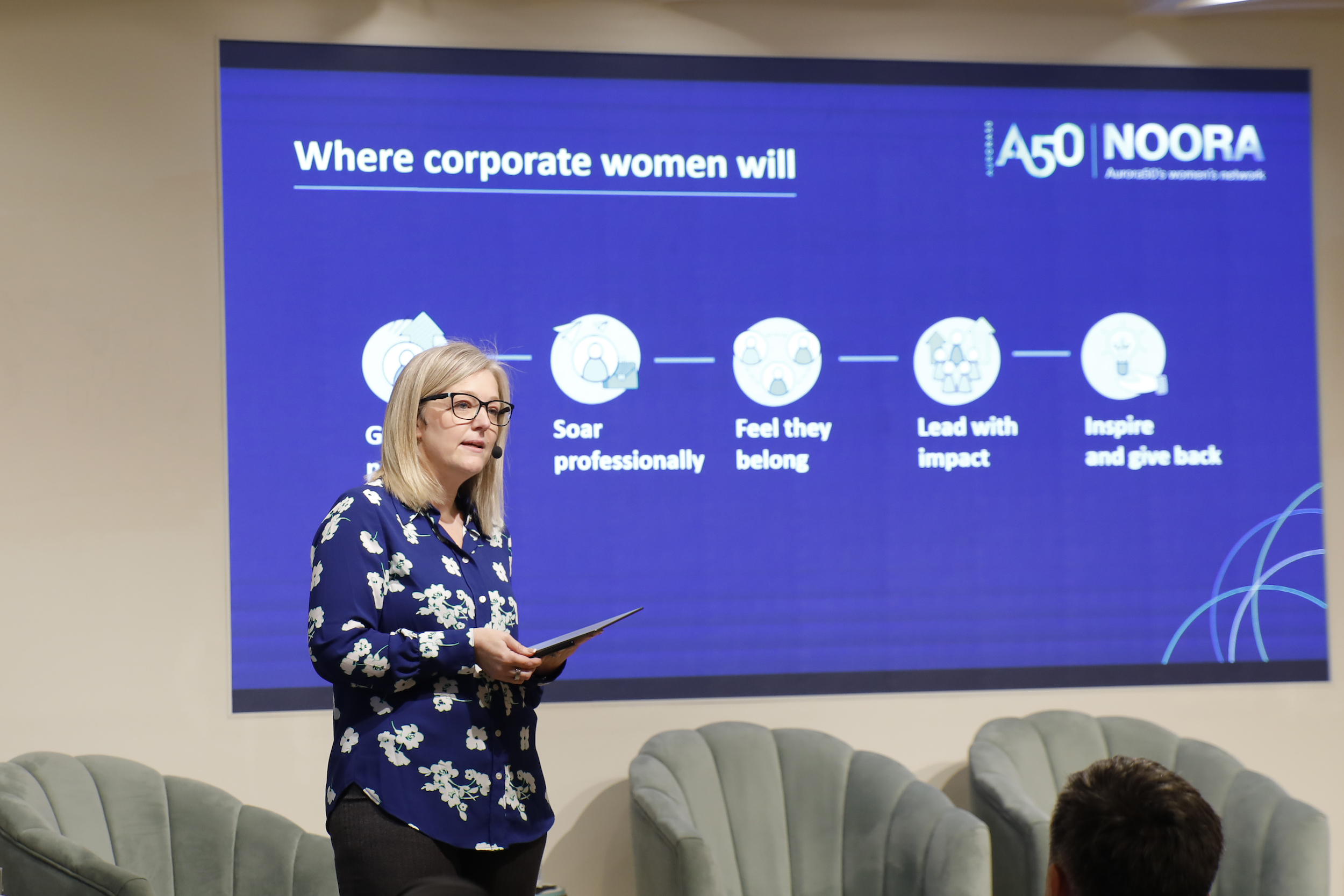 Diana Wilde, co-founder of Aurora50, speaking at the launch of corporate women's network NOORA on 31 July 2023 at the Women's Pavillion, Expo City, Dubai