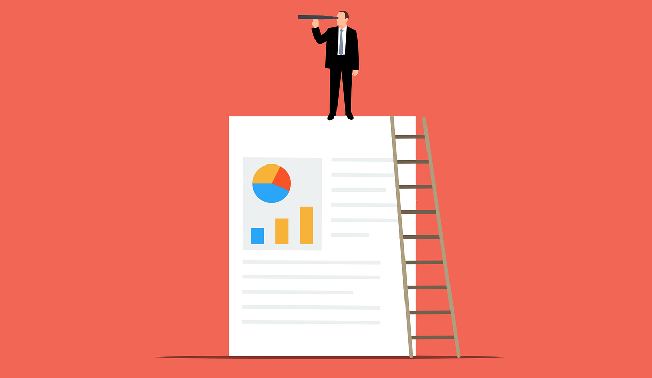 Used for article on DEI & ESG. An illustration of a businessman in suit and tie standing on top of a company report, holding a telescope, with a ladder propped up against the report, on an orange background. Illustration courtesy of Pixabay/ Mohamed Hassan|Sustainalytics ESG rating in report example