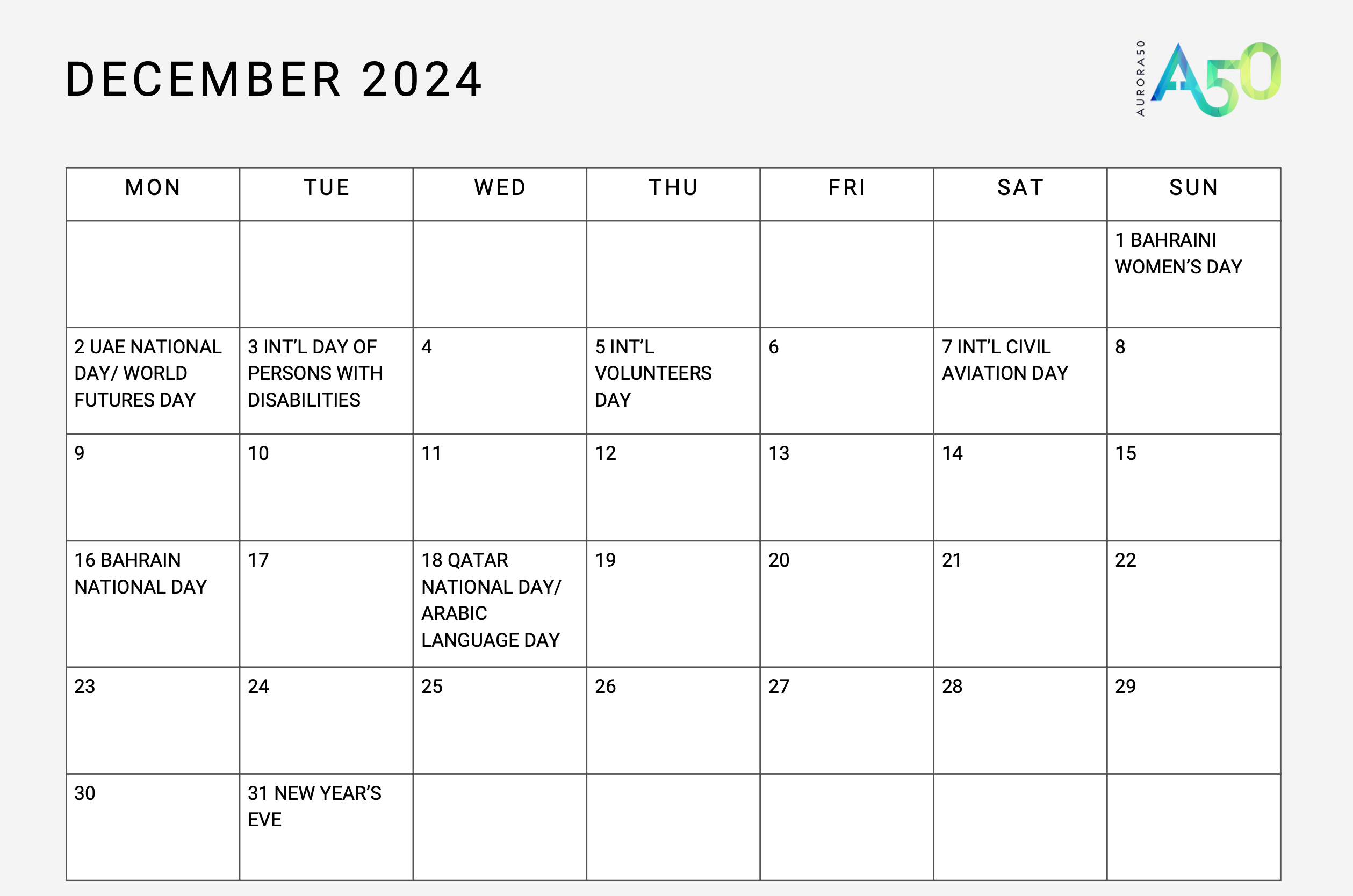 Aurora50 downloadable regional DEI calendar (HR holiday calendar) for 2024 - image of significant dates in December