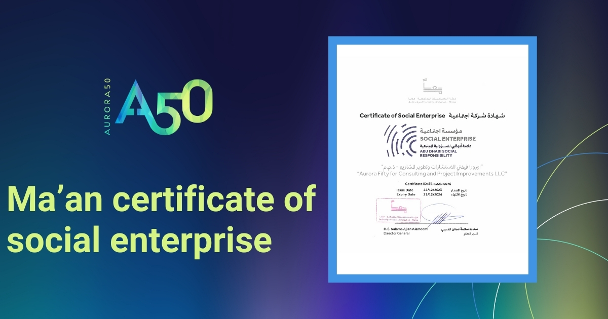 Ma'an certificate of social enterprise. Pictured - Aurora50's signed certificate of social enterprise from Ma'an, the UAE Authority of Social Contribution, issued 22/12/2023.