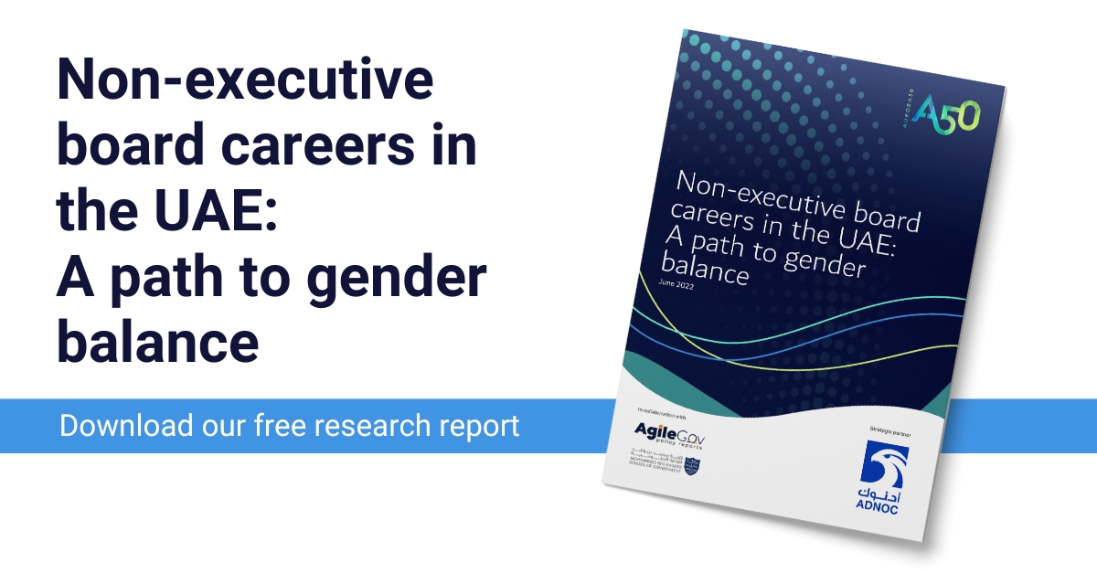 Gender-inclusive language & plain communication toolkit cover image. Text says: 'Non-executive board careers in the UAE: A path to gender balance. Download our free research report'. Image of front cover of report by Aurora50, Mohammed Bin Rashed School of Government and sponsored by ADNOC is shown, with AgileGov logo.