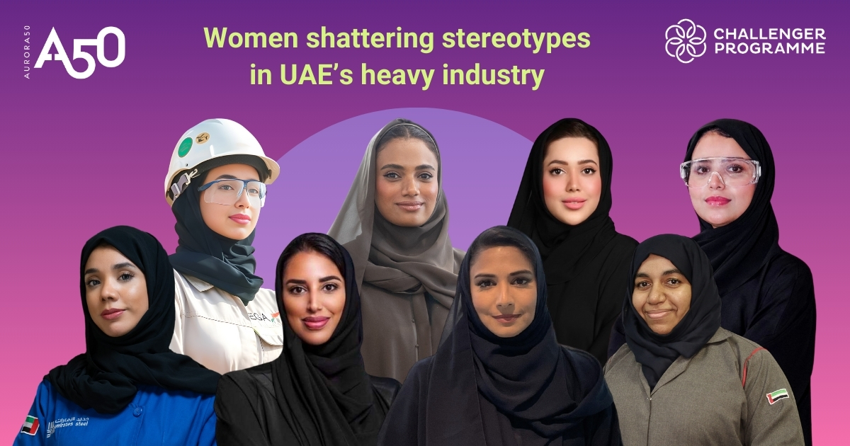 The Challenger Programme: Women shattering stereotypes in UAE's heavy industry. Back (L-R): Rowan AlAydaroos, Senior Project Engineer, EGA; Maitha Shuaib, Executive Director, Corporate Communication, Ducab; Eiman Al Hammadi, Senior Vice President, Group Human Capital Strategy & Organisation Effectiveness, ADNOC; Zamzam AlHammadi, Quality Control Engineer, TechnipFMC Front row (L-R): Noora Alketbi, Officer – Health & Safety, Emirates Steel Arkan; Marwa Al Mansoori, Head of Business Development, Siemens Advanta; Nuha Luqman, Head of Supply Chain Excellence, TAQA, and Emirati triathlete; Mariam Al Jaberi, Production Lead, Strata