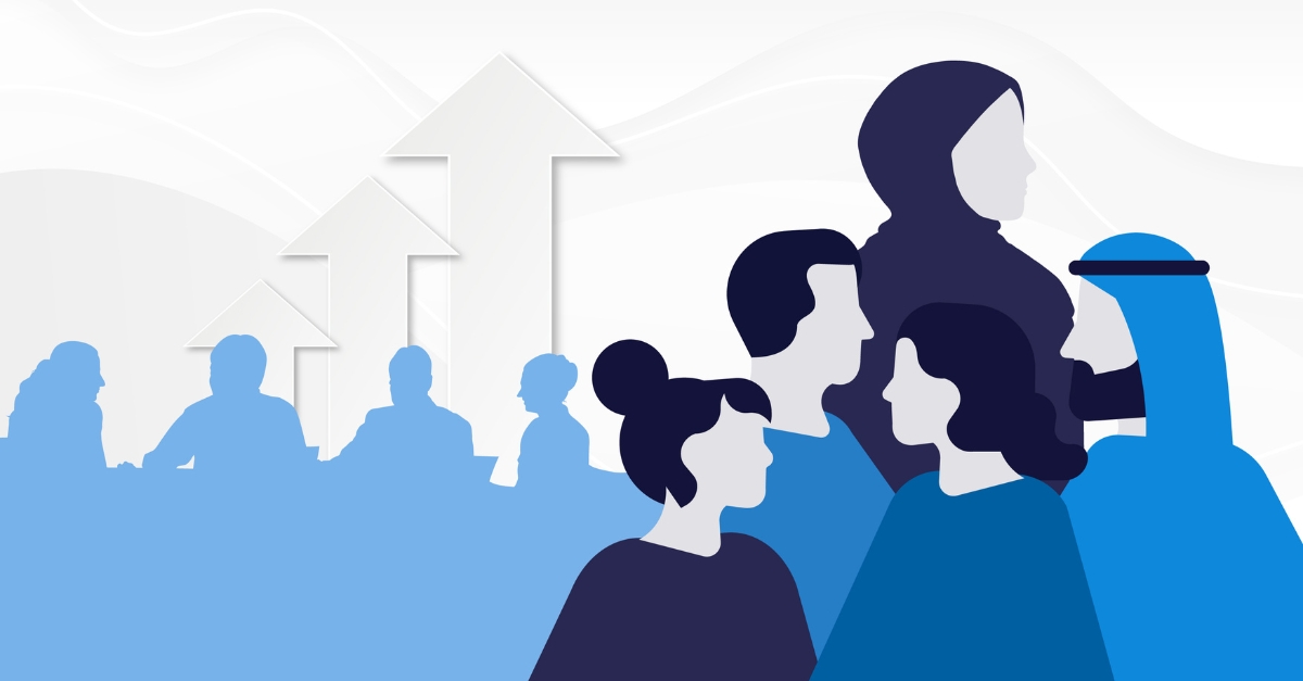 Illustration of silhouettes of diverse workers, including Gulf Arab woman and man, with backdrop of silhouetted people in a meeting and three vertical arrows to denote a graph. Image by Wepik on Freepik