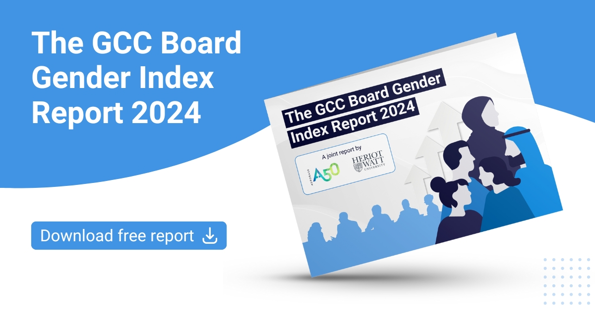 Cover image of The GCC Board Gender Index Report 2024 by Aurora50 and Heriott-Watt University with text 'download free report'. Image by Wepik on Freepik